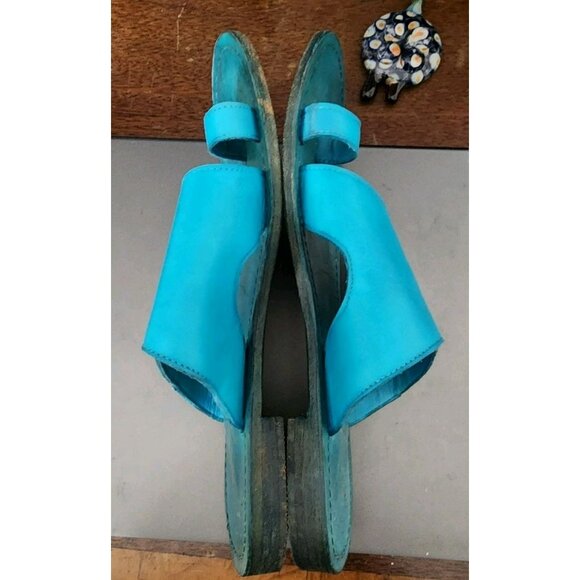 Free People Sandals Size 38 / US Sz 7.5 Blue Leather Toe Loop San Antoni Slide - Picture 6 of 9